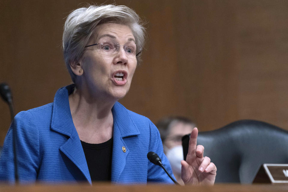 Sen. Elizabeth Warren, D-Mass., speaks during the Senate Committee on Banking, Housing and Urban Affairs hearing on oversight of the credit reporting agencies at Capitol Hill in Washington, Thursday, April 27, 2023, (AP Photo/Jose Luis Magana)