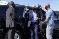 Democratic presidential candidate former Vice President Joe Biden arrive to board a plane at New Castle Airport in New Castle, Del., Monday, Sept. 7, 2020. (AP Photo/Carolyn Kaster)