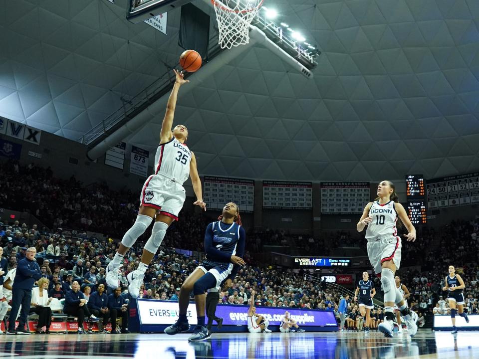 Azzi Fudd puts up a layup during a 2023 UConn exhibition game.