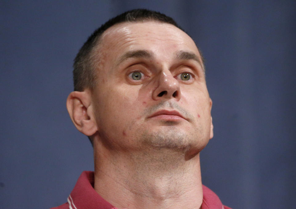 Ukrainian filmmaker Oleg Sentsov, former Russian prisoner, attends his press conference in Kyiv, Ukraine, Tuesday, Sept. 10, 2019. After five years of being locked up in a Russian prison Sentsov was one of the 35 freed Ukrainian prisoners. (AP Photo/Efrem Lukatsky)