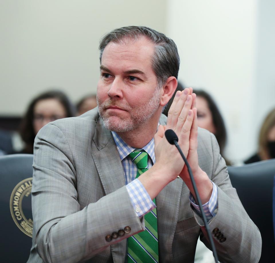 Sen. Max Wise listened as his colleagues explained their votes on a bill he sponsored that would ban abortion after 15 weeks during a hearing before the Senate Judiciary at the Capitol Annex in Frankfort, Ky. on Mar. 10, 2022.  