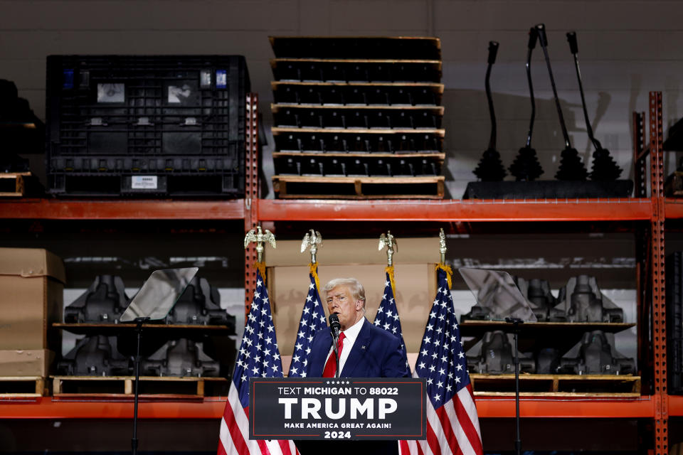 Former President Donald Trump speaks in Clinton Township, Mich., Wednesday, Sept. 27, 2023. (AP Photo/Mike Mulholland)