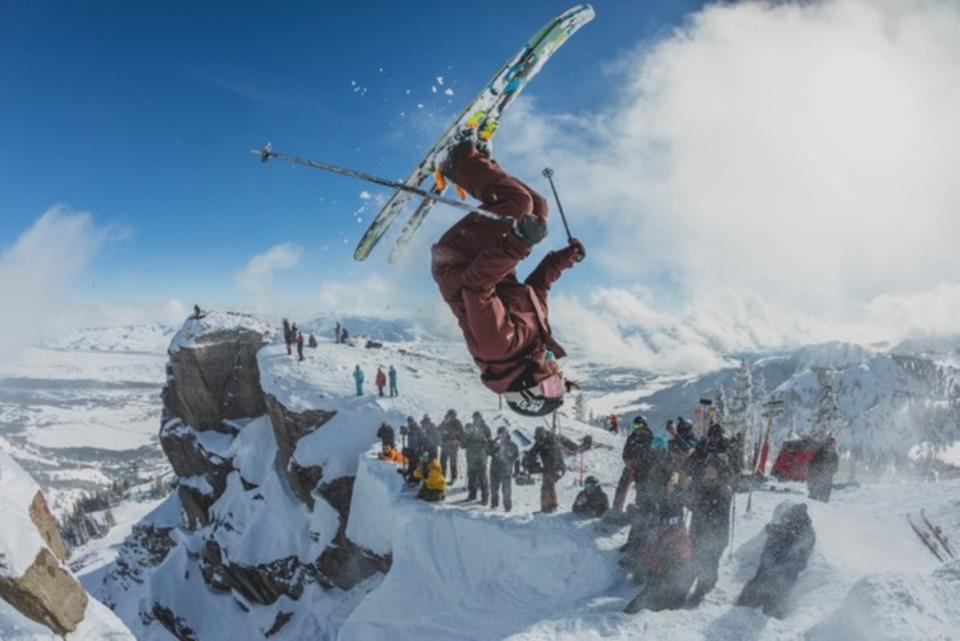 Paulsen gets inverted above Corbet's Couloir.<p>Keegan Rice</p>