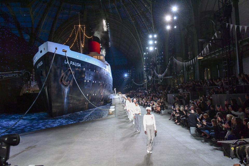 <p>As models like Gigi and Bella walked the runway, they quietly passed a 148-metre-long ship complete with on-board piano bar and swimming pool. Would it be a Karl Lagerfeld show if it wasn't totally extra? After the Cruise 2019 collection finale, all guests were invited onto the boat (named La Pausa after Chanel’s villa in the Cote d’Azur) to party until the early hours.</p>