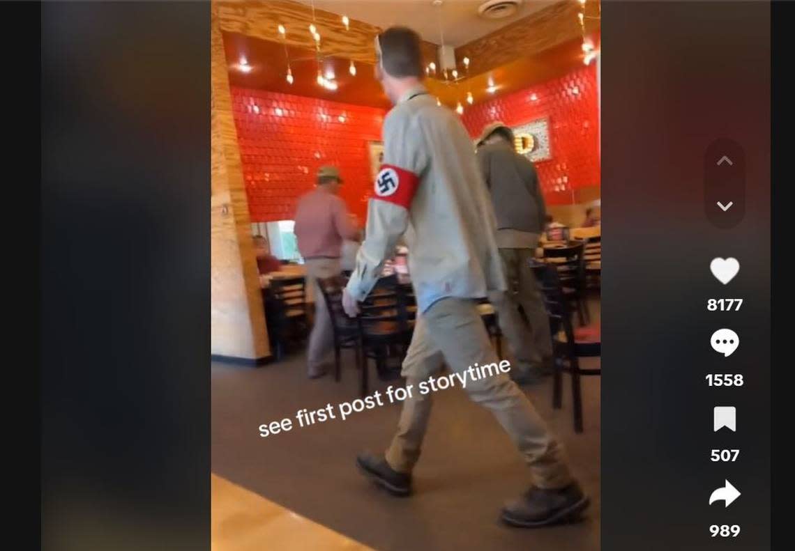 Jessica Gregorio posted on TikTok a video Sunday of a group of people dressed in Nazi clothing at a Torchy’s Tacos in Fort Worth.