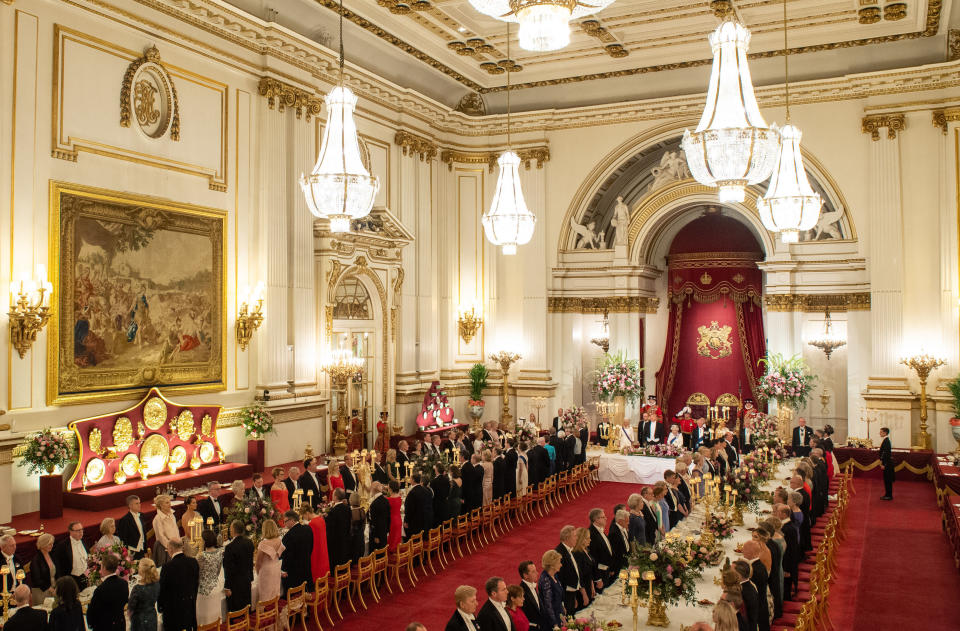 Inside view of the Ballroom at Buckingham Palace 