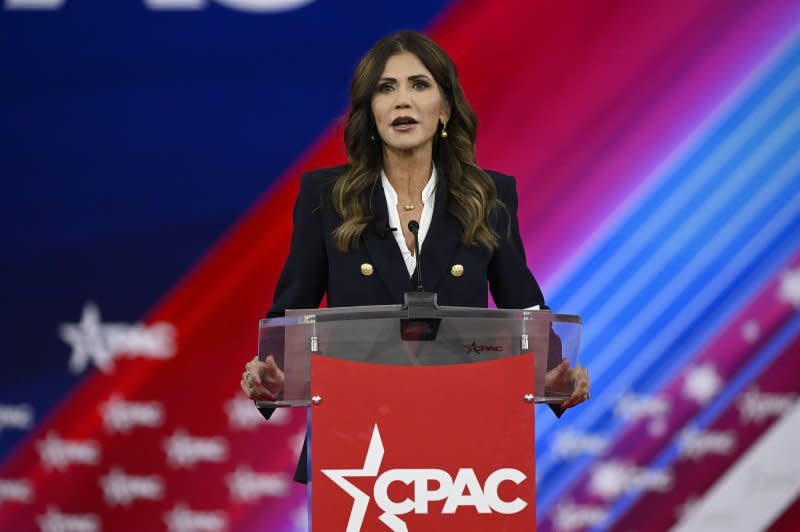 South Dakota Gov. Kristi Noem speaks at the Conservative Political Action Conference (CPAC22) in Orlando, Florida, in February 2022. File Photo by Joe Marino/UPI