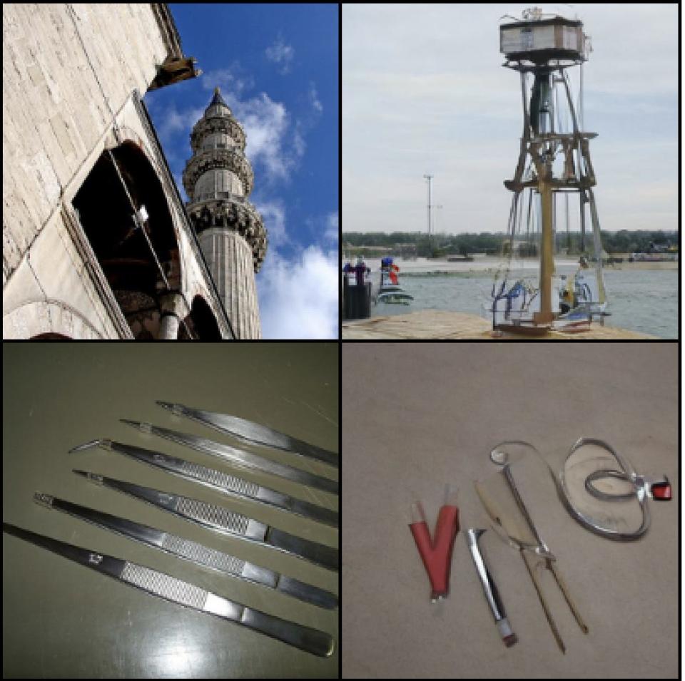 Photo of a building (top left), and photo of a dentist equipment (bottom left), alongside photos generated by AI from human brain waves.