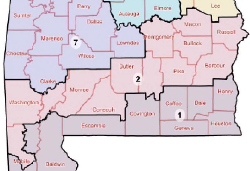 A map of Alabama's 2nd Congressional District, running in the southern part of the state from Mississippi to Georgia.