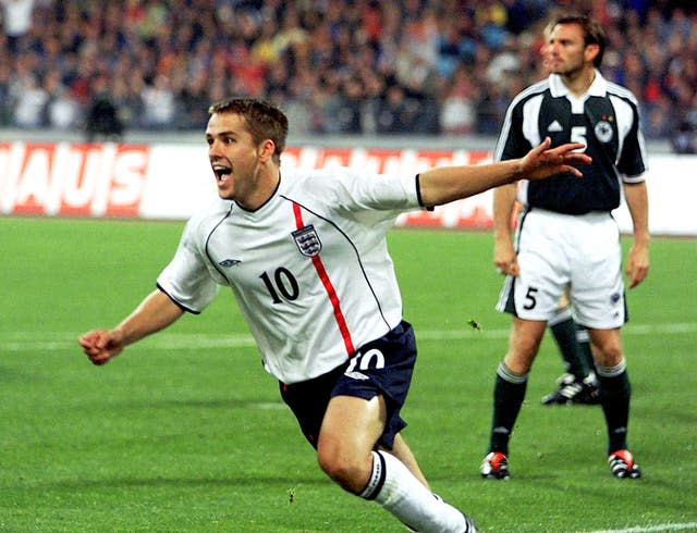 Michael Owen celebrates scoring for England against Germany in Munich