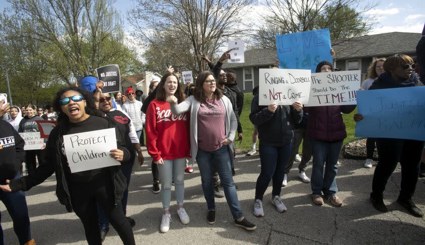 Protestors march Sunday, April 16, 2023, in Kansas City, Mo., to bring attention to the shooting of Ralph Yarl, 16, who was shot when he went to the wrong Kansas City house to pick up his brothers. (Susan Pfannmuller/The Kansas City Star via AP)