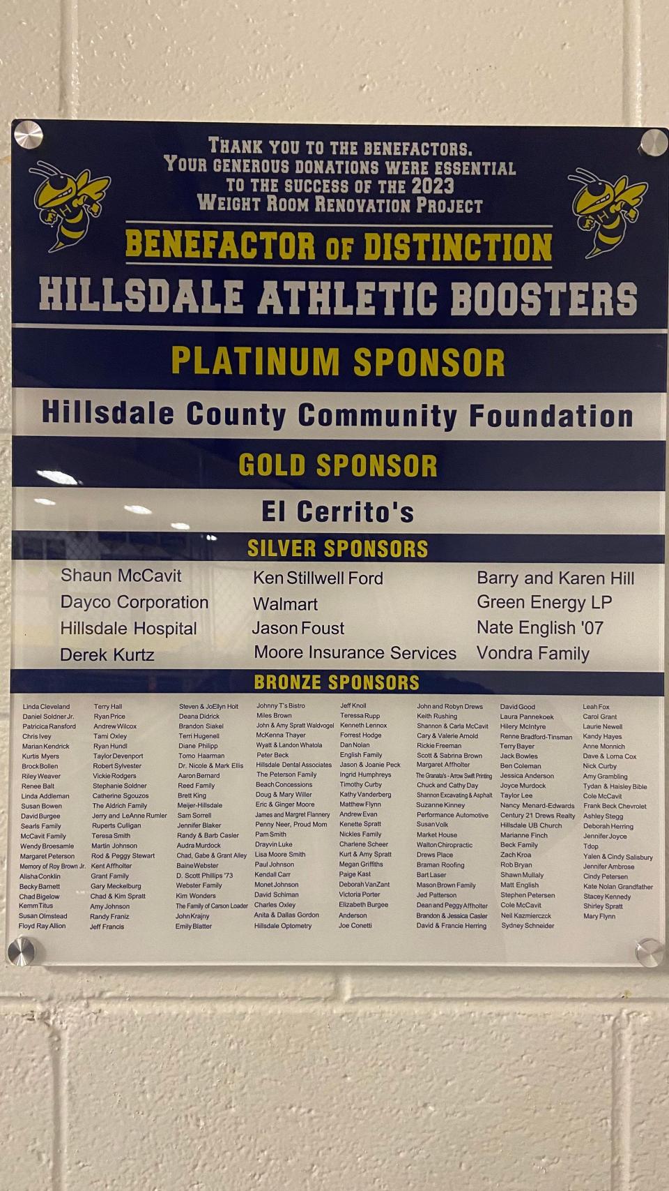 A plaque commemorating the donations and fundraising efforts from the community stands at the top of the stairwell leading into the weight room.