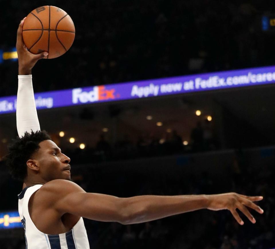 Apr 16, 2022; Memphis, Tennessee, USA; Memphis Grizzlies forward Jaren Jackson Jr. (13) shoots the ball during the first half of game one of the first round for the 2022 NBA playoffs against the Minnesota Timberwolves at FedExForum. Mandatory Credit: Christine Tannous-USA TODAY Sports