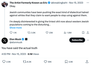 Musk agreed with a similarly objectionable tweet in November.