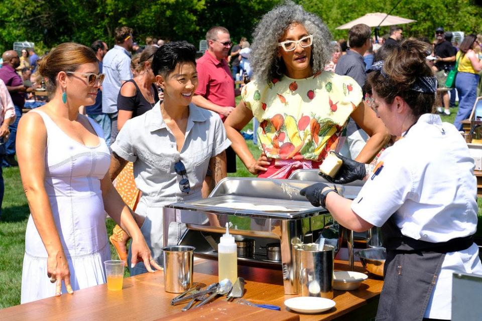 "Top Chef" judge Gail Simmons (from left), host Kristen Kish and guest judge Carla Hall talk with AIisha Elenz during "Top Chef: Wisconsin" Episode 3, when contestants prepared dishes for a cheese festival in Oconomowoc.