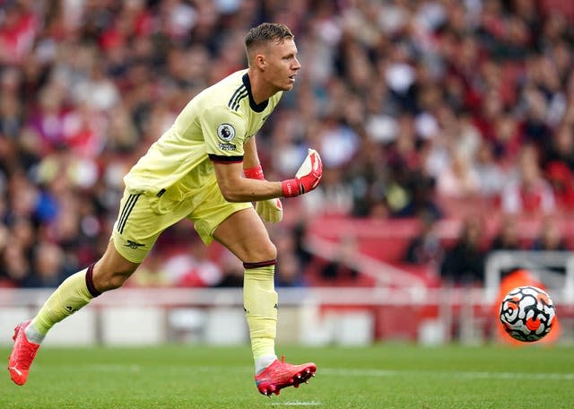 Arsenal goalkeeper Bernd Leno rolls the ball out during a Premier League match