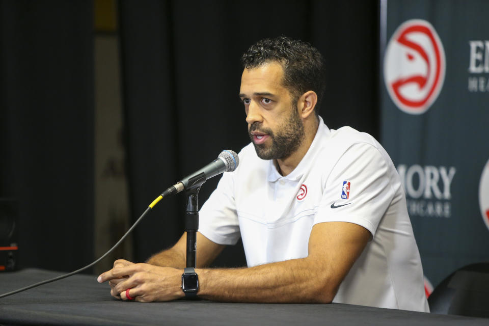 Sep 23, 2022; Atlanta, GA, USA; Atlanta Hawks general manager Landry Fields speaks at a press conference at Hawks Media Day. Mandatory Credit: Brett Davis-USA TODAY Sports