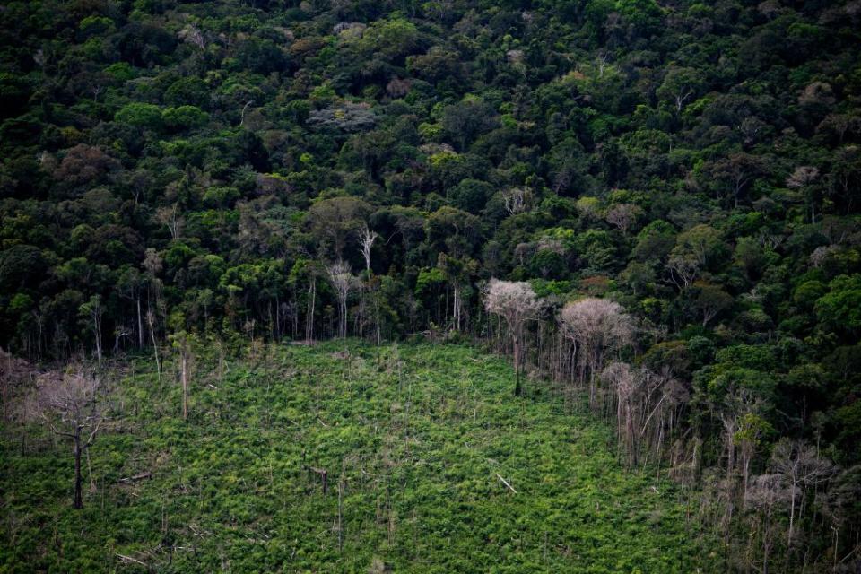 Aerial view showing a deforested area of the Amazon rainforest seen during a flight between Manaus and Manicore, in Amazonas State, Brazil, on June 6, 2022.<span class="copyright">Mauro Pimentel—AFP / Getty Images</span>