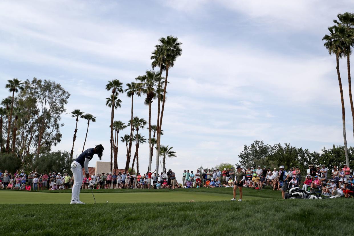 Patty Tavatanakit putts on the 9th green during the Chevron Championship at Mission Hills Country Club in Rancho Mirage, Calif., on Sunday, April 3, 2022. 