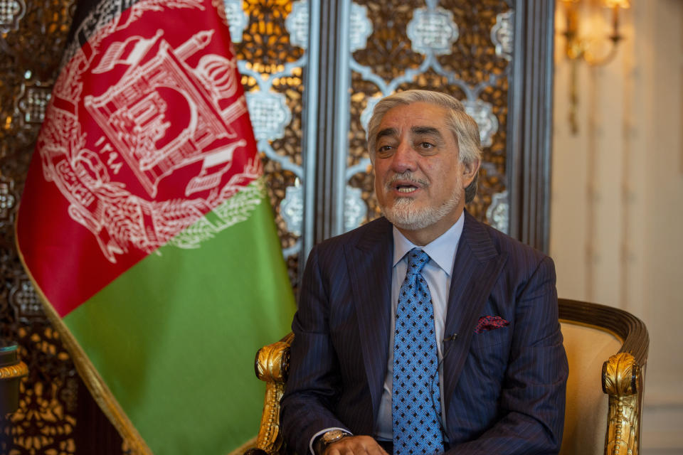 Afghanistan’s chief peace envoy Abdullah Abdullah speaks during an interview with The Associated Press in New Delhi, India, Saturday, Oct. 10, 2020. Abdullah on Saturday said India’s civil and military leadership were supportive of an inclusive, peaceful settlement of the Afghan peace process and that interactions with New Delhi were expected to further deepen in the course of coming weeks and months. (AP Photo/Altaf Qadri)