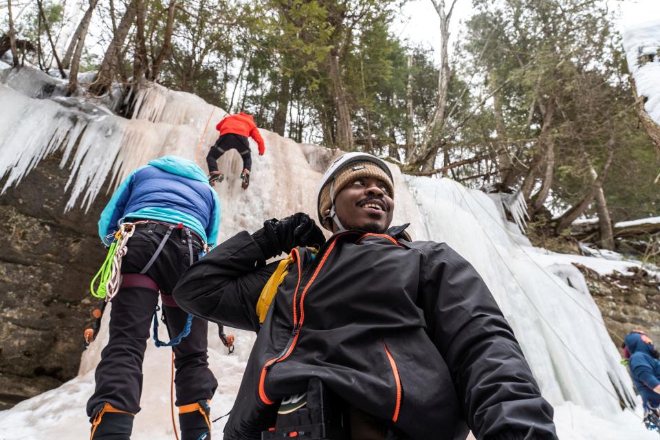 Amplify Outside founder Ian Solomon, of Detroit, gathers his gear before heading out after climbing The Curtains ice climbing wall in Munising during Michigan Ice Fest in Michigan's Upper Peninsula on Thursday, Feb. 9, 2023, with a group of people from Detroit Outdoors and other organizations providing the outdoor experience for people of color. "It's amazing to be able to connect with Black people and people of color in a setting like this. Can't beat it," said Solomon.