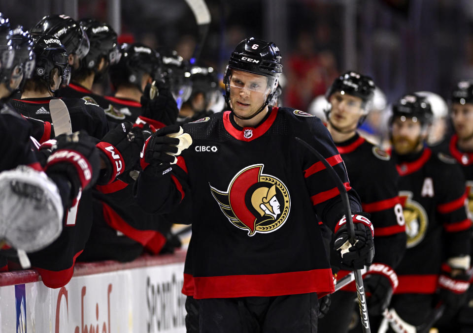 Ottawa Senators defenseman Jakob Chychrun (6) celebrates after his goal against the Buffalo Sabres during first-period NHL hockey game action in Ottawa, Ontario, Sunday, Dec. 31, 2023. (Justin Tang/The Canadian Press via AP)