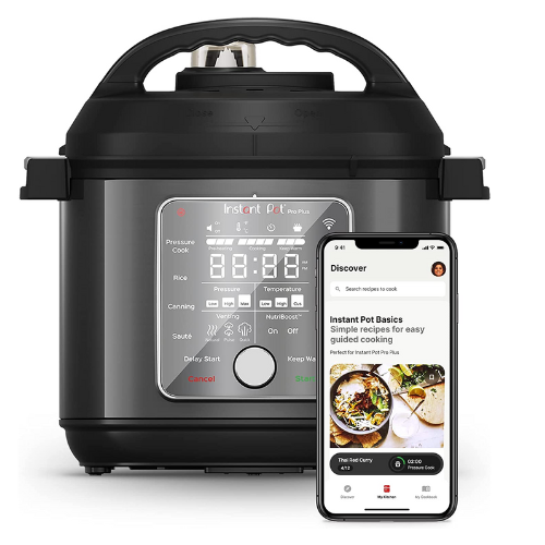 instant pot smart multi-cooker with iphone against white background