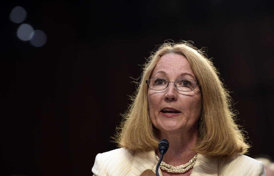 FILE - In this July 24, 2018, file photo, U.S. Olympic Committee Acting Chief Executive Officer Susanne Lyons speaks during a Senate Commerce subcommittee hearing on "Strengthening and Empowering U.S. Amateur Athletes," on Capitol Hill in Washington. Even before the coronavirus pandemic wiped the Summer Olympics off the 2020 sports calendar, the U.S. Olympic and Paralympic Committee was an organization in peril. In a first-of-its-kind virtual address, leaders of the committee paid heed to how much more difficult things have become since the virus started shutting down sports, over the last seven months. (AP Photo/Susan Walsh, File)