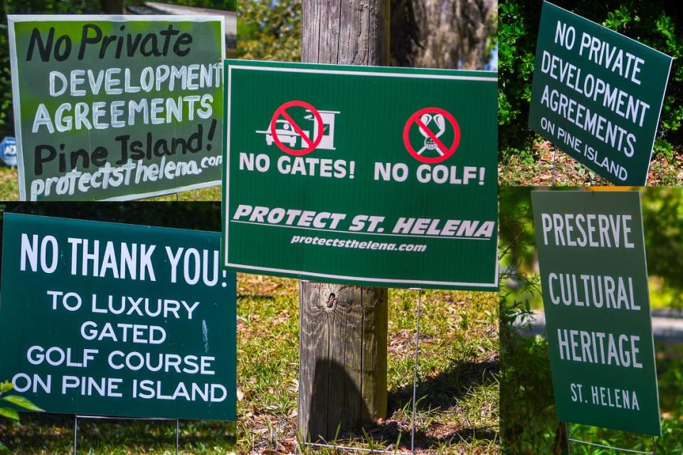 In this photo montage of yard signs denouncing the proposed development of Pine Island into a gated, golf course community in these photo taken on April 12, 2023 on St. Helena Island.