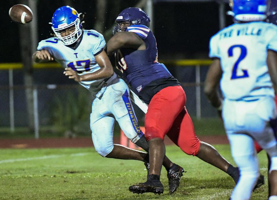 Brandon Brown of Eau Gallie forces a bad pass from Titusville QB Josiah Allen during their 2023 football kickoff classic game Friday, August 18, 2023. Craig Bailey/FLORIDA TODAY via USA TODAY NETWORK