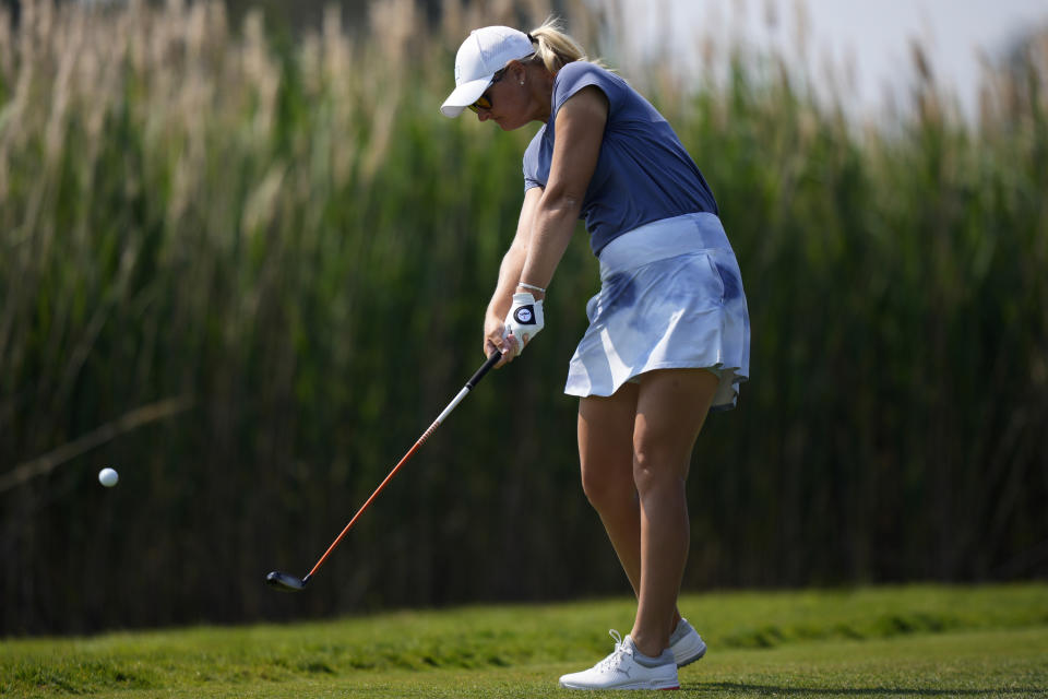 Anna Nordqvist, of Sweden, tees off on the 15th hole during the first round of the ShopRite LPGA Classic golf tournament, Friday, June 9, 2023, in Galloway, N.J. (AP Photo/Matt Slocum)