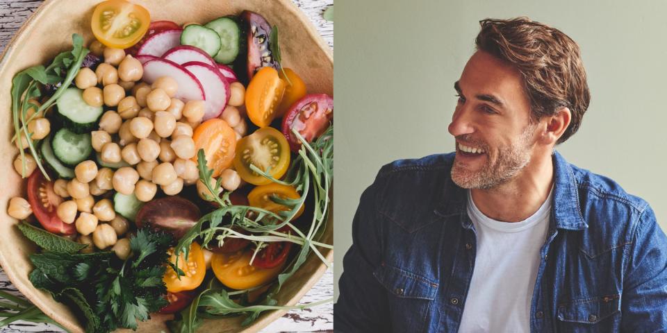 stock image of chickpea salad (left) Rob Hobson sitting at a table (right).