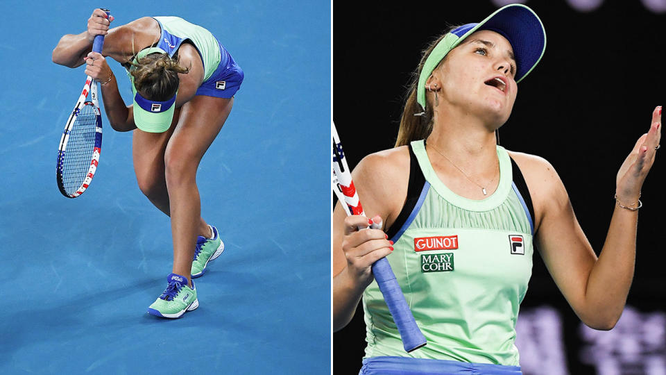 Sofia Kenin took her anger out on her racquet on several occasions in the opening set. Pic: Getty