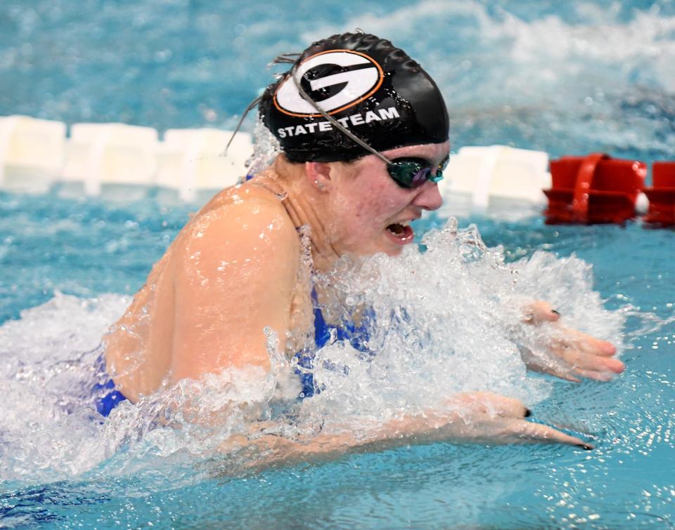 Green's Olivia Elgin swims in the Girls 100 Yard Breastroke of the 2022 OHSAA Division I Swimming Prelims at C.T. Branin Natatorium.  Friday,  February 25, 2022. 