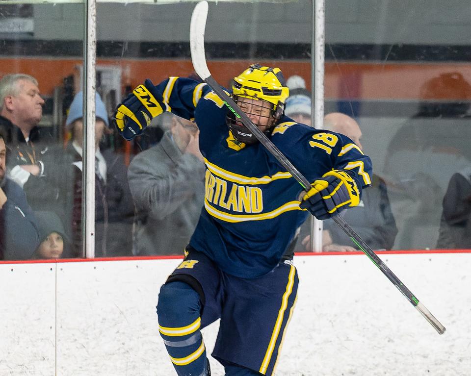 Hartland's Jack L'Esperance celebrates Hartland's first goal in a 2-1 victory over Brighton on Saturday, Jan. 15, 2022 at Kensington Valley Ice House.