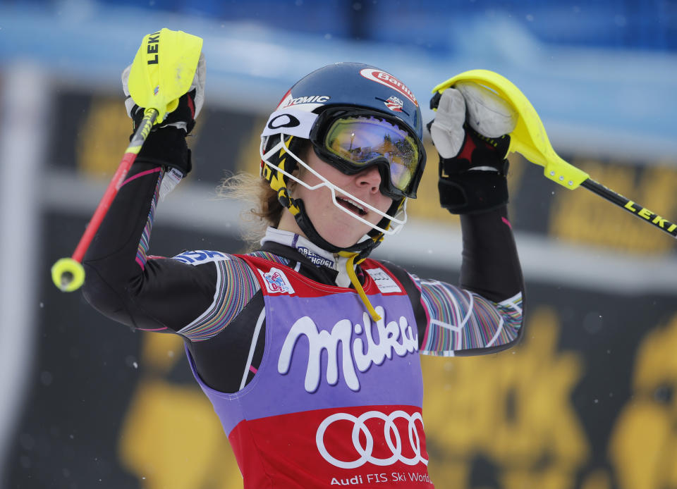 Mikaela Shiffrin, of the United States, celebrates at finish line after winning an alpine ski, women's World Cup slalom, in Bormio, Italy, Sunday, Jan. 5, 2013. (AP Photo/Marco Trovati)