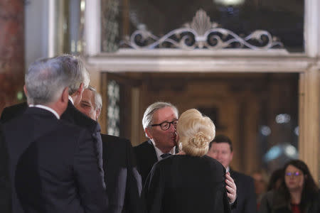 Romanian Prime Minister Viorica Dancila welcomes European Commission President Jean-Claude Juncker for the official ceremony marking the start of Romania's EU Council Presidency in Bucharest, Romania, January 10, 2019. Inquam Photos/Octav Ganea via REUTERS