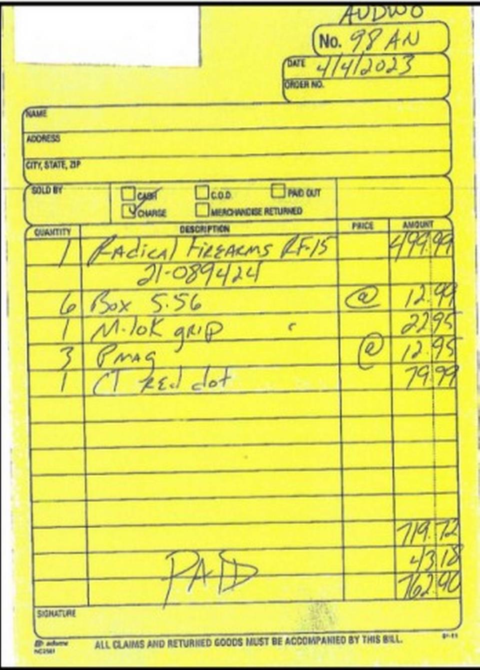 The receipt of the gun purchase made by Connor Sturgeon at River City Firearms.