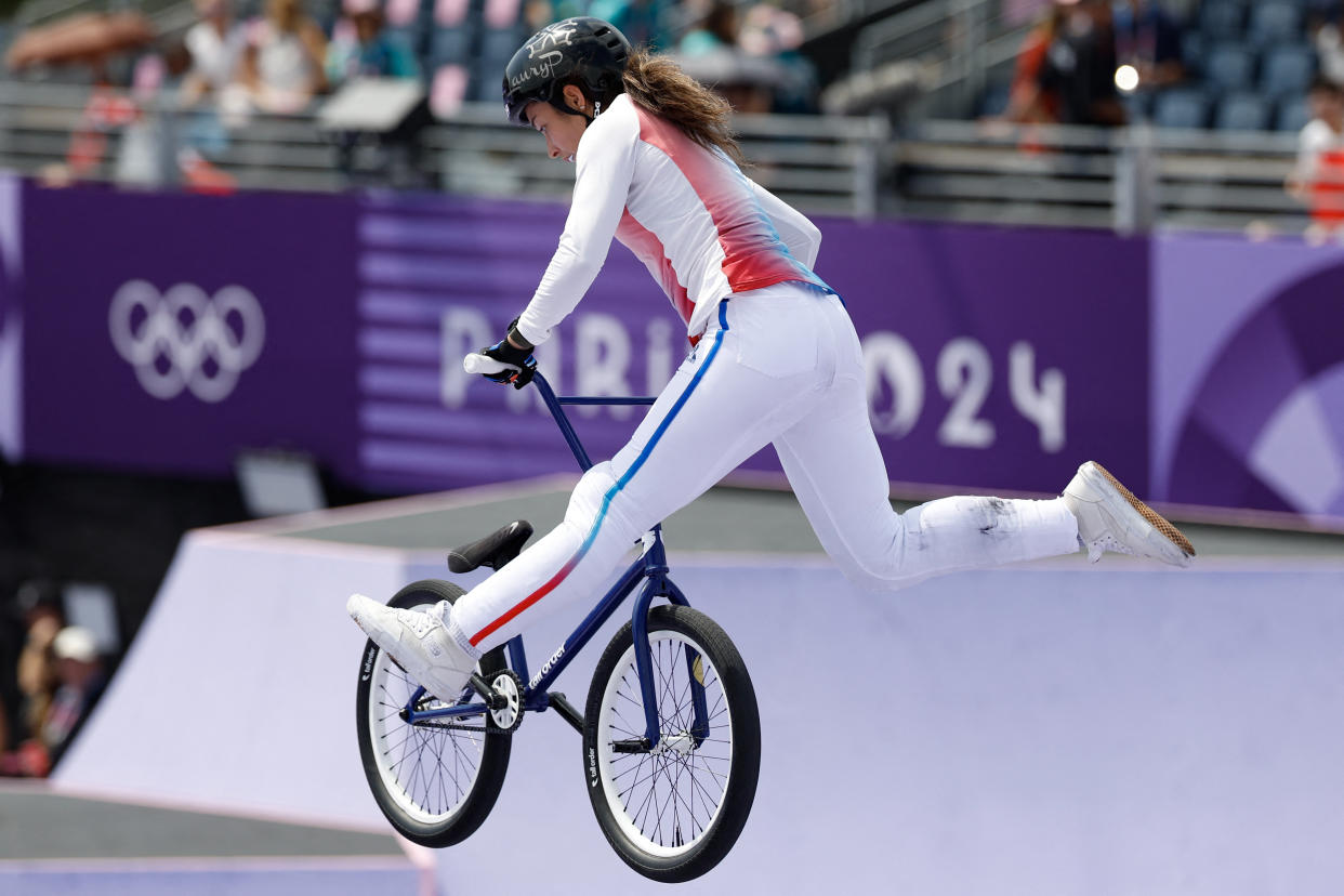 France's Laury Perez competes in the Women's Cycling BMX Freestyle Park Final during the Paris 2024 Olympic Games in Paris, on July 31, 2024. (Odd Andersen/AFP via Getty Images)