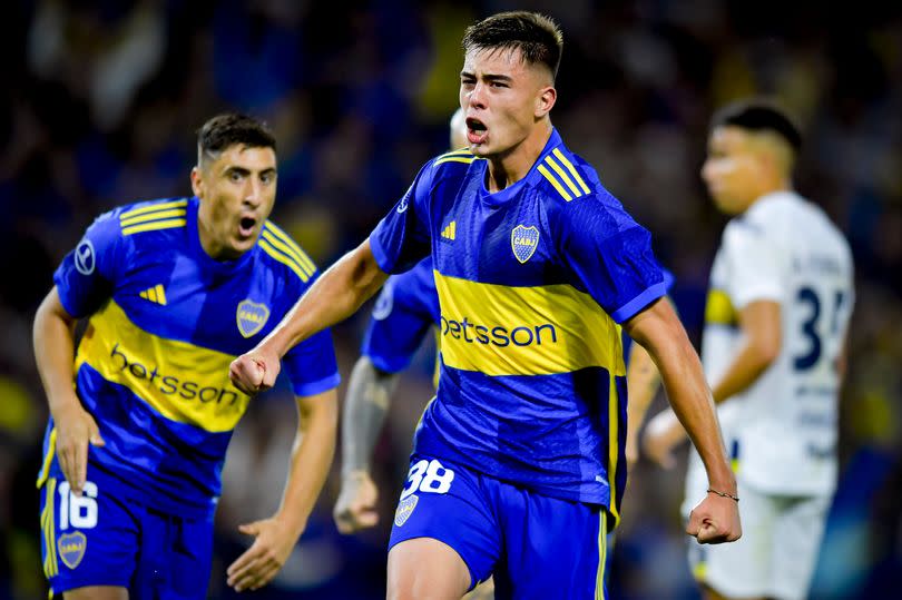 Aaron Anselmino of Boca Juniors celebrates after scoring the team's first goal during the Copa CONMEBOL Sudamericana 2024 group D match between Boca Juniors and Sportivo Trinidense at Estadio Alberto J. Armando on April 9, 2024 in Buenos Aires, Argentina.