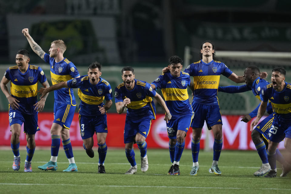 Players of Argentina's Boca Juniors celebrate defeating Brazil's Palmeiras in a penalty shootout during a Copa Libertadores semifinal second leg soccer match at Allianz Parque stadium in Sao Paulo, Brazil, Thursday, Oct. 5, 2023. (AP Photo/Andre Penner)