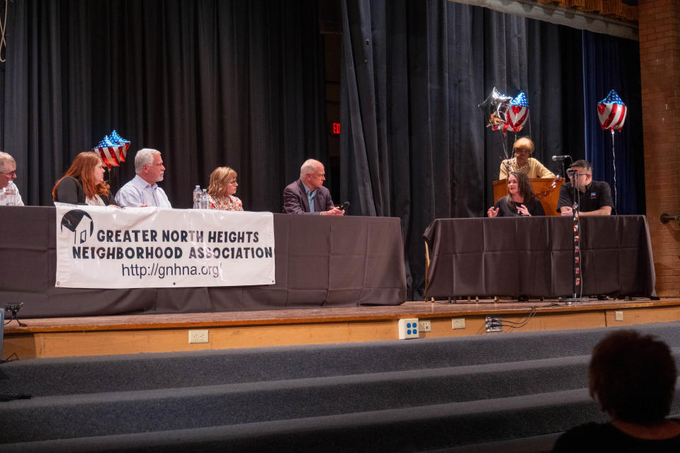 Candidates for Amarillo Independent School Board of Trustees address the audience Monday night at the Greater North Heights Neighborhood Association candidate forum at Carver Elementary School in Amarillo.