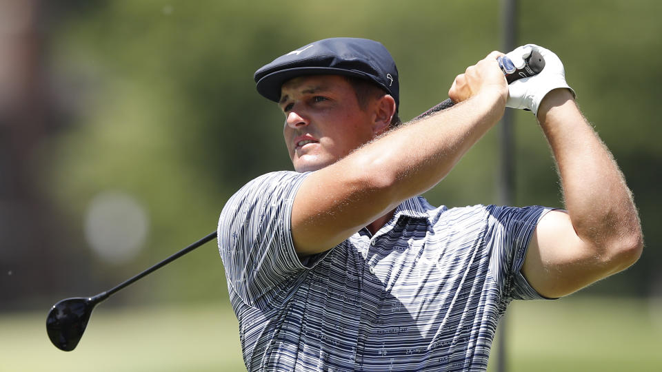 Bryson DeChambeau drives during the third round of the Rocket Mortgage Classic golf tournament, Thursday, July 2, 2020, at the Detroit Golf Club in Detroit. (AP Photo/Carlos Osorio)