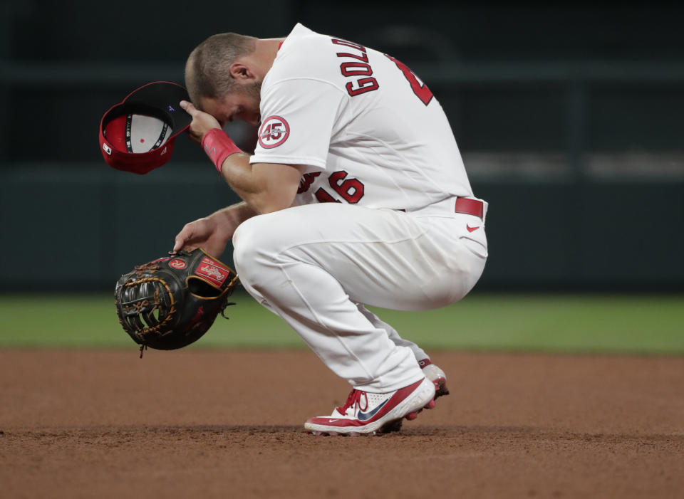 St. Louis Cardinals' Paul Goldschmidt (46) reacts to another San Francisco Giants base hit in the ninth inning of a baseball game, Friday, July 16, 2021, in St. Louis. (AP Photo/Tom Gannam)