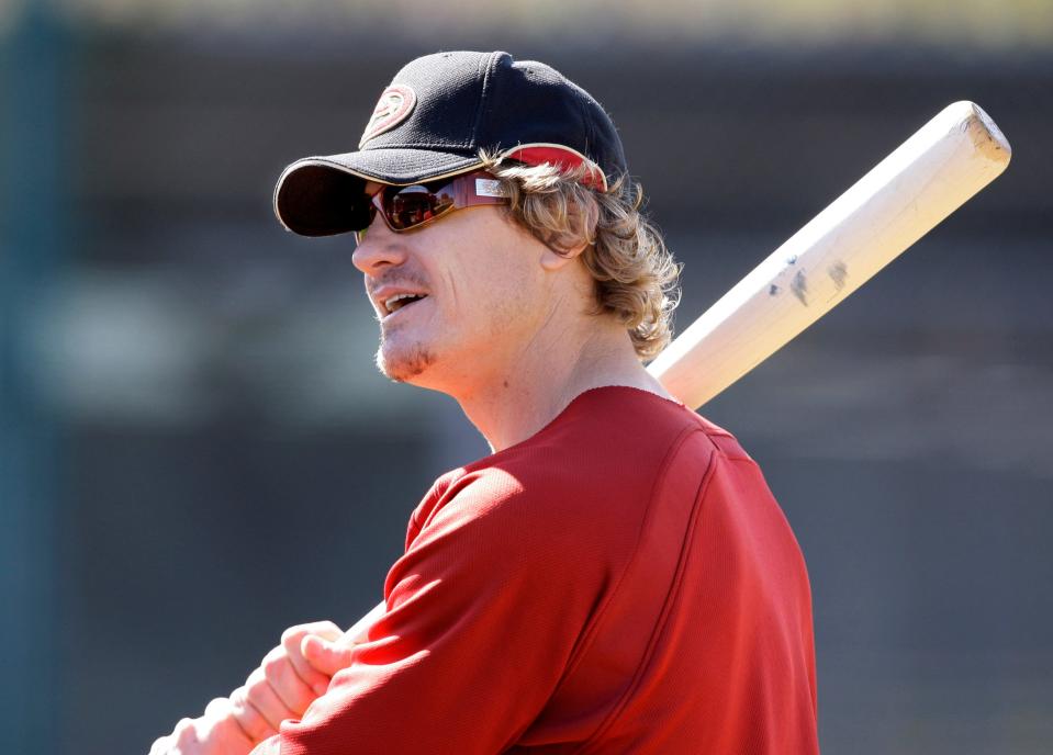 In this Feb. 18, 2009 file photo, the Arizona Diamondbacks' Eric Byrnes gets ready to bat during spring training in Tucson, Arizona. Byrnes, who spent 11 seasons in the big leagues, is the head coach of the Savannah Bananas Premier Team.