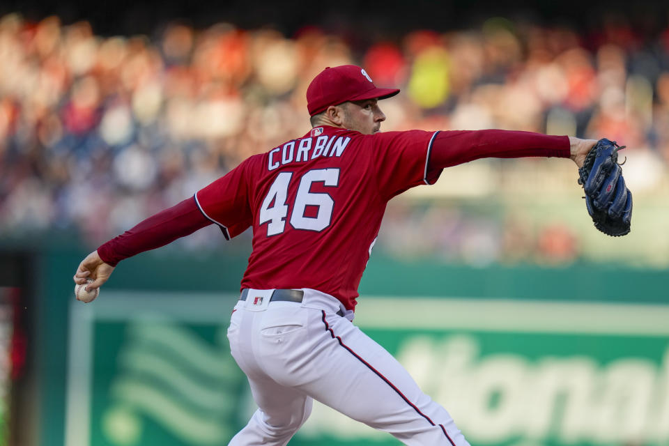 Washington Nationals starting pitcher Patrick Corbin throws during the second inning of a baseball game against the Colorado Rockies at Nationals Park, Monday, July 24, 2023, in Washington. (AP Photo/Alex Brandon)