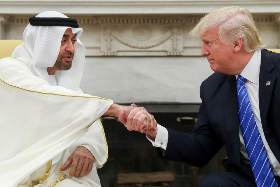 <p>President Donald Trump shakes hands with Abu Dhabi’s Crown Prince Sheikh Mohammed bin Zayed Al Nahyan, Monday, May 15, 2017, in the Oval Office of the White House in Washington. (Photo: Andrew Harnik/AP) </p>