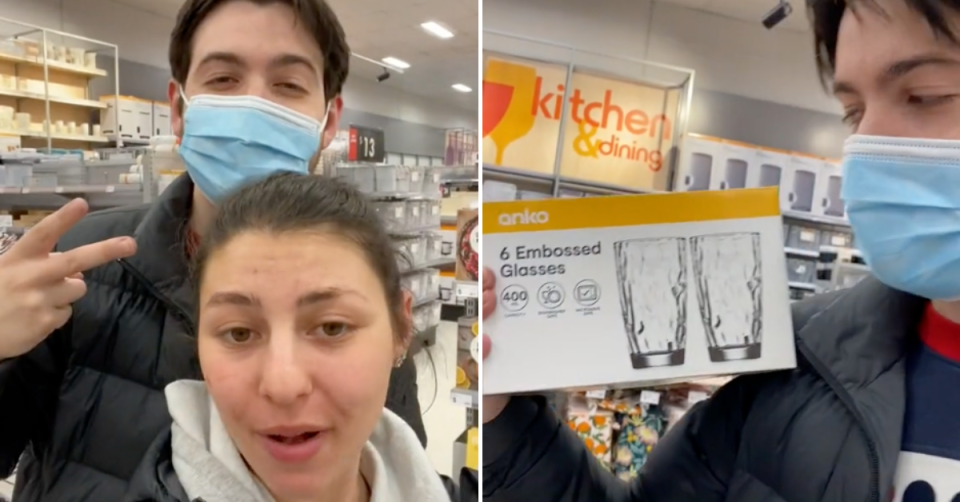 TikToker Jessica and her boyfriend Jason in store at Kmart discovering some bargains. Jason holding up a six pack of drinking glasses.