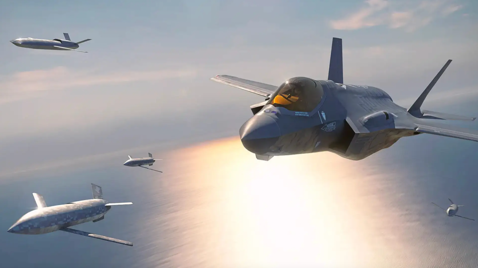 A rendering of an F-35 flying together with multiple types of drones. <em>Lockheed Martin Skunk Works</em>