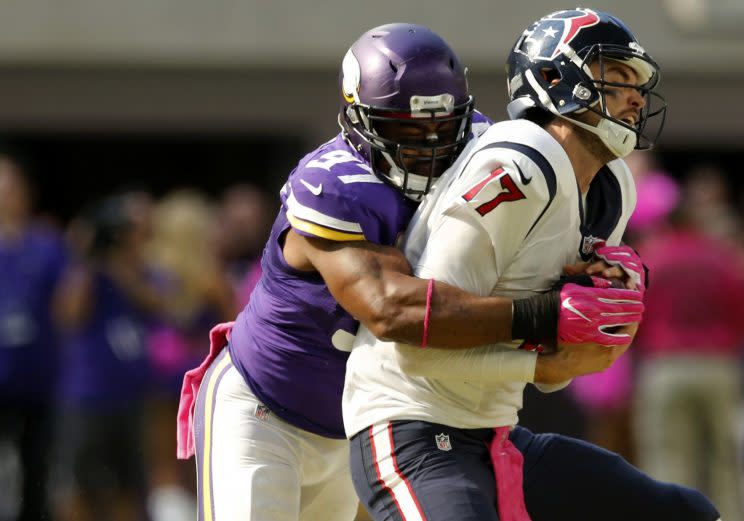 Minnesota Vikings defensive end Everson Griffen had his name misspelled on his uniform Sunday. (Getty Images)